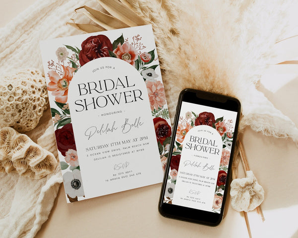 Fall Bridal Shower Invitation, Marsala Flowers, Burgundy Bridal Shower Invitation, Floral Kitchen Tea Invitation Template, Bridal Brunch