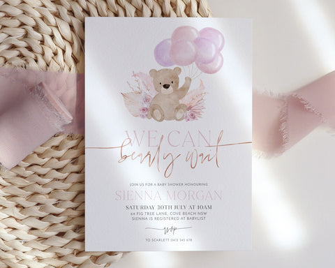 Bear Balloons Baby Shower Invitation Template, We Can Bearly Wait Boho Baby Shower Invite, Printable Shower Invite, Editable Bear Invitation