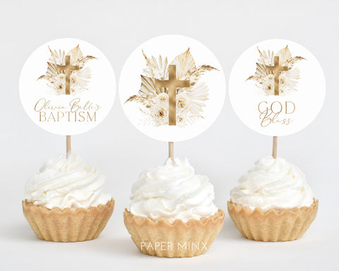 Baptism Cupcake Toppers, Christening Cupcake Toppers, Printable Gold Boho Cupcake Topper, Editable Cupcake, Gold Baptism Decor, Gold Cupcake