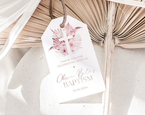 Baptism Favour Tags, Editable Tags, Christening Favor Tags, Boho Pink Favour Tags, Thank You Tag, Baptism Gift Tag, Favor Tags Rose Gold