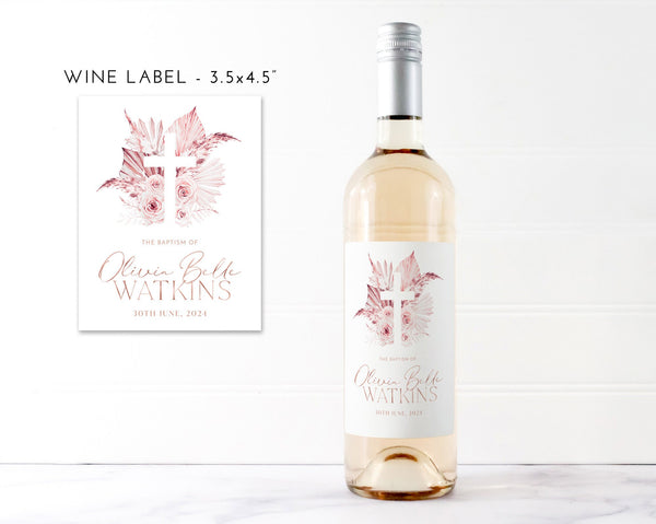 Baptism Wine Label, Christening Wine Labels, Printable Wine Labels, Champagne Stickers, Boho Pink Champagne Bottle Labels, Dried Flower Boho