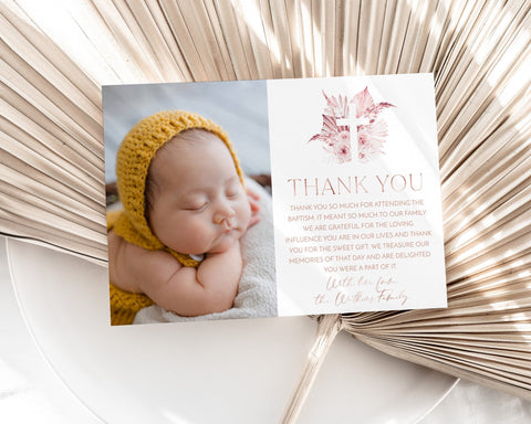 Thank You Card Template, Printable Thank You Card, Instant Download Thank You Cards, Christening Thank You, Boho Pink Baptism Thank You Card