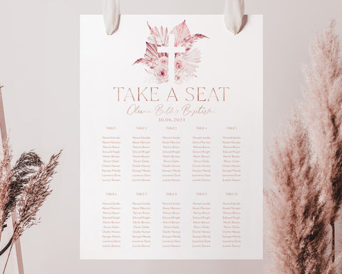 Baptism Seating Chart, Christening Seating Chart, Printable Seating Chart Template, Boho Pink Seating Chart, Editable Seating Plan Boho Pink