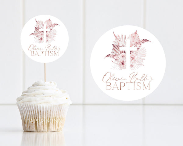 Baptism Cupcake Toppers, Christening Cupcake Toppers, Printable Pink Boho Cupcake Topper, Editable Cupcake, Pink Rose Gold Baptism Decor