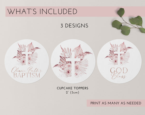 Baptism Cupcake Toppers, Christening Cupcake Toppers, Printable Pink Boho Cupcake Topper, Editable Cupcake, Pink Rose Gold Baptism Decor