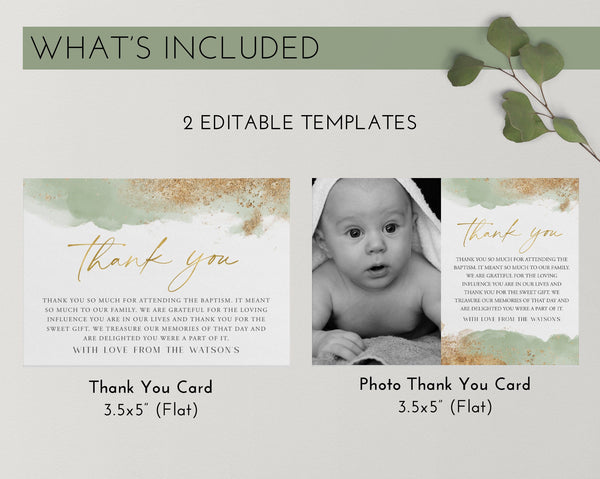 Thank You Card Template, Printable Thank You Card, Instant Download Thank You Cards, Christening Thank You, Sage Gold Baptism Thank You Card