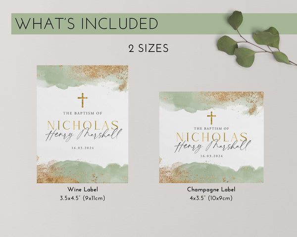 Baptism Wine Label, Christening Wine Labels, Printable Wine Labels, Champagne Stickers, Green and Gold Champagne Bottle Labels, Sage Green