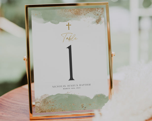 Table Numbers, Christening Table Numbers, Green Gold Table Numbers, Baptism Table Number Template, Printable Table Numbers, Editable Baptism