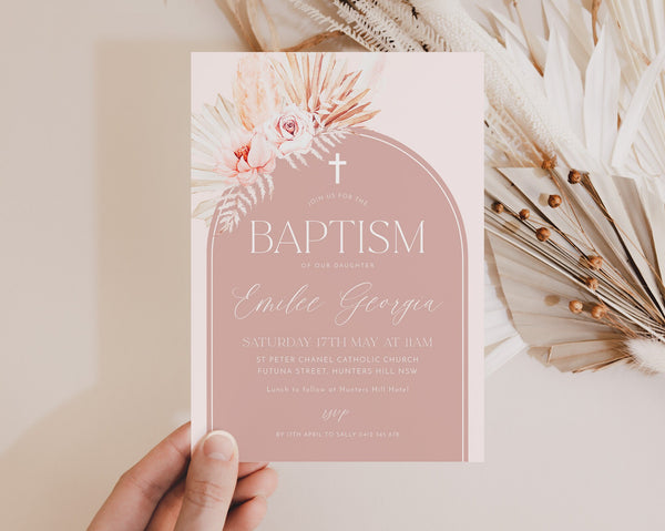 Girls Christening Invitation, Girls Baptism Invitation Template, Boho Pink Floral Arch Christening Invitation, Printable Baptismal Invite