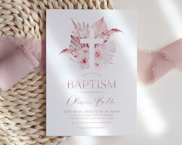 Boho Baptism Invitation, Girls Christening Invitation Template, Boho Floral Christening Invitation, Printable Baptism Invite, Pink Rose Gold