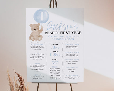 Beary First Birthday Milestone Sign, Bear 1st Birthday Milestone Board, Baby First Birthday, Milestone Sign 1st Birthday Bear Balloons Blue