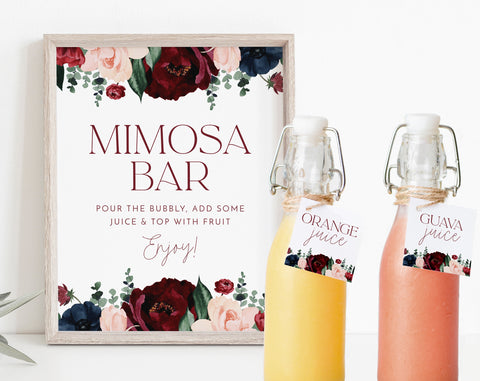 Mimosa Sign, Mimosa Bar Sign, Bridal Shower Mimosa Bar Sign, Juice Labels, Mimosa Juice Tags, Baby Shower Momosa Sign, Burgundy Navy Flowers