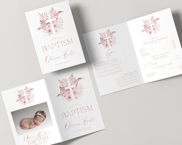 Baptism Programs, Printable Christening Program Template, Printable Boho Pink Baptism Program,Pink and Rose Gold Baptism, Order of Events