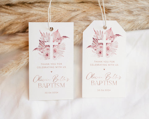 Baptism Favour Tags, Editable Tags, Christening Favor Tags, Boho Pink Favour Tags, Thank You Tag, Baptism Gift Tag, Favor Tags Rose Gold