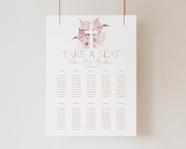 Baptism Seating Chart, Christening Seating Chart, Printable Seating Chart Template, Boho Pink Seating Chart, Editable Seating Plan Boho Pink