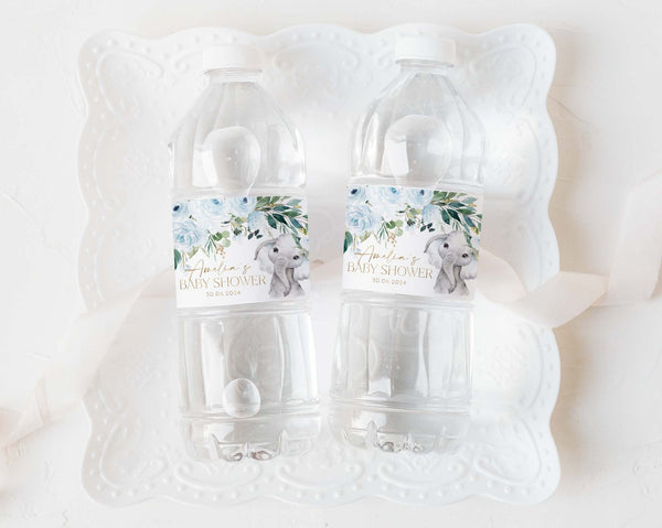 Elephant Water Bottle Label, Baby Shower Water Label, Printable Water Bottle Label, Baby Shower Leaves Water Label Sticker, Blue Boy Baby