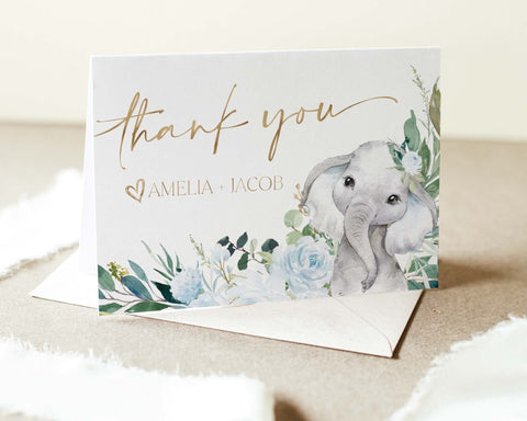 Thank You Card Template, Printable Thank You Card, Boy Baby Shower Thank You Card Editable Template, Elephant Baby Shower Thank You Card