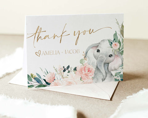 Thank You Card Template, Printable Thank You Card, Girl Baby Shower Thank You Card Editable Template, Elephant Baby Shower Thank You Card