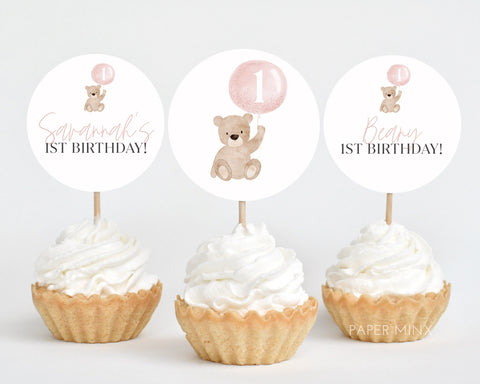 Bear Cupcake Toppers, Beary 1st Birthday, Beary First Cupcake Toppers, Bear Birthday Cupcake, 1st Birthday Girl, Pink Bear Girl Birthday