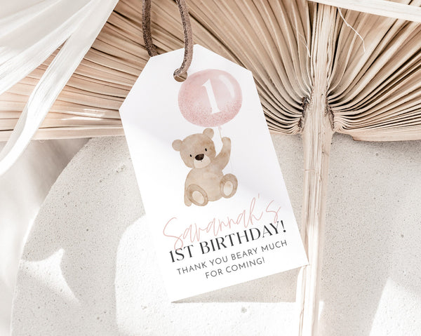 Bear Favour Tags, Birthday Thank You Tags, Beary 1st Birthday Favor Tag, Gift Tag, Editable Birthday Tag, Printable Gift Tag, Pink Bear Girl