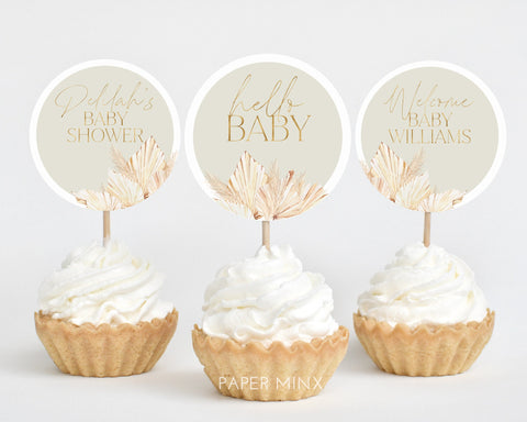 Sage Boho Cupcake Toppers, Baby Shower Cupcake Topper, Printable Palms Baby Shower Cupcake Topper, Editable Cupcake Dried Flower Baby Shower