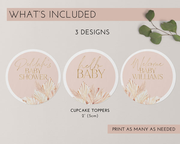 Pink Boho Cupcake Toppers, Girl Baby Shower Cupcake Topper, Printable Palms Baby Shower Cupcake Topper, Editable Cupcake Dried Flower Baby