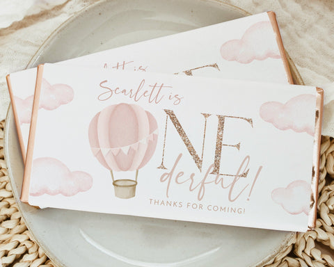 ONEderful Chocolate Bar Wrapper Template, Printable Candy Bar Wrapper, 1st Birthday Candy Bar Wrapper, Birthday Favors, Pink Hot Air Balloon
