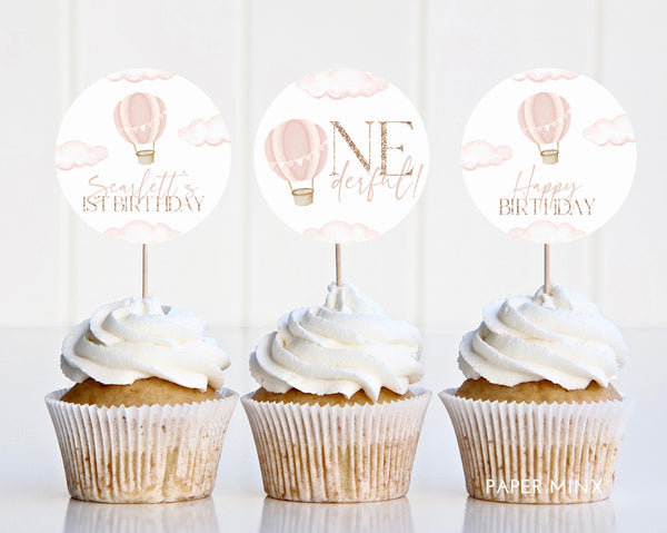 ONEderful Cupcake Toppers, Printable Cupcake Topper, Pink Hot Air Balloon, 1st Birthday Editable Cupcake Toppers, Onederful First Birthday