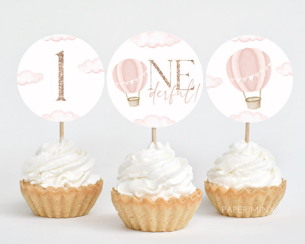 ONEderful Cupcake Toppers, Printable Cupcake Topper, Pink Hot Air Balloon, 1st Birthday Editable Cupcake Toppers, Onederful First Birthday
