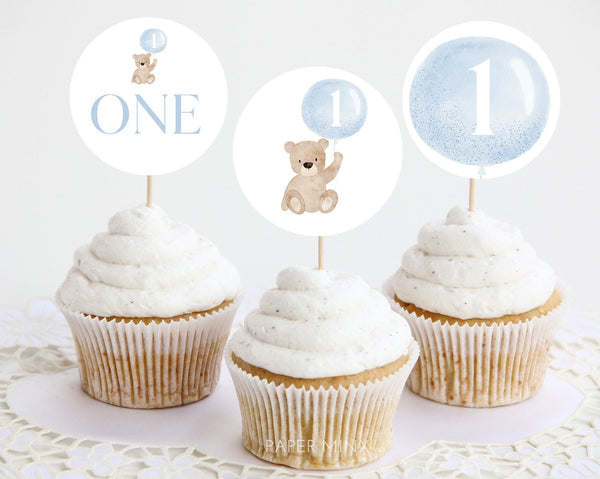 Bear Cupcake Toppers, Beary 1st Birthday, Beary First Cupcake Toppers, Bear Birthday Cupcake, 1st Birthday Boy, Blue Bear Boy Birthday