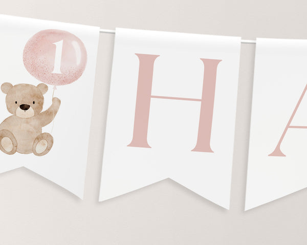 Bear Birthday Banner, Happy Birthday Banner Printable, Happy 1st Birthday Banner, First Birthday Decor, Beary First Birthday Banner Pink
