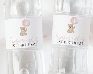 Bear Water Bottle Labels, 1st Birthday Girl Water Label, Printable Water Bottle Label, Beary First Birthday Water Labels, Pink Bear Birthday