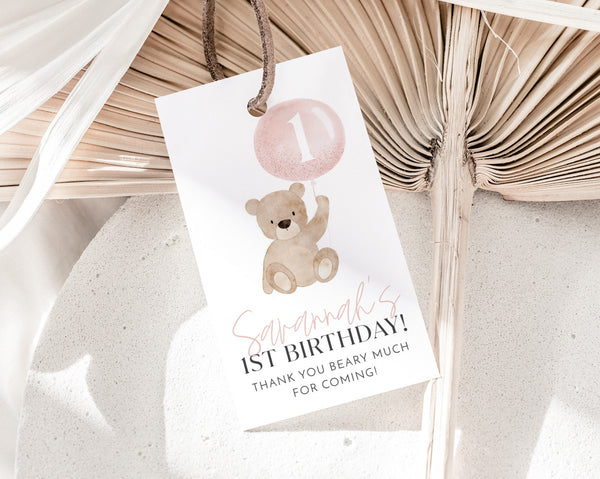 Bear Favour Tags, Birthday Thank You Tags, Beary 1st Birthday Favor Tag, Gift Tag, Editable Birthday Tag, Printable Gift Tag, Pink Bear Girl