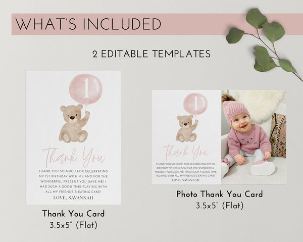 Bear Thank You Card Template, Printable Thank You Card, Thank You Card Editable, Pink Bear Thank You Card, Beary 1st Birthday Thank You Card