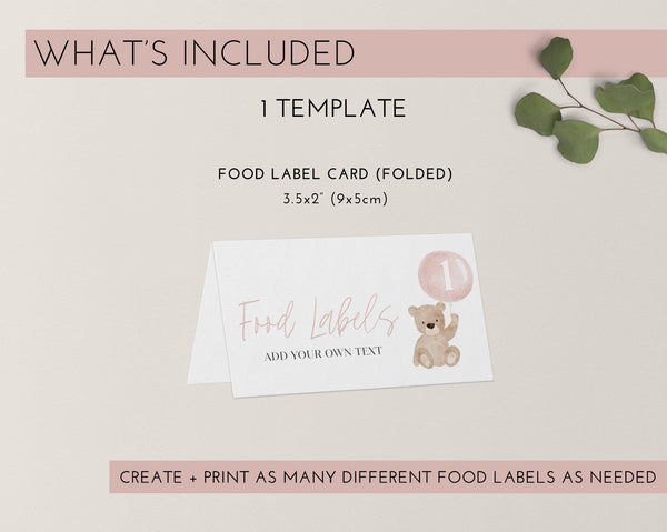 Bear Food Labels, Bear Birthday Food Label Card, Food Tent Card, Birthday Food Tags, Folded Food Cards, Tented Food Label, Pink Food Card