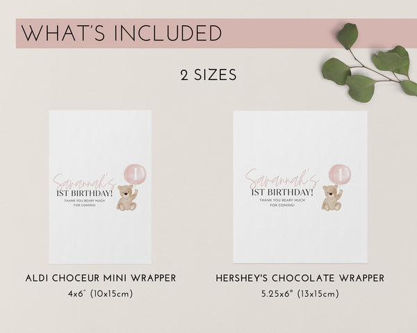 Bear Chocolate Wrapper Template, Printable Candy Bar Wrapper, 1st Birthday Candy Bar Wrapper, Birthday Favors Beary First Birthday Labels