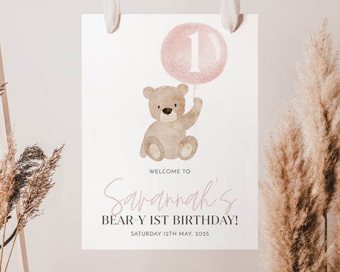 Bear Welcome Sign, Beary 1st Birthday Welcome Sign, Baby First Birthday, 1st Birthday Sign, Pink Bear Welcome Sign, Beary First Birthday