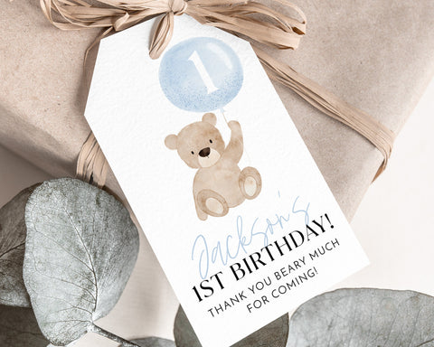 Bear Favour Tags, Birthday Thank You Tags, Beary 1st Birthday Favor Tag, Gift Tag, Editable Birthday Tag, Printable Gift Tag, Blue Bear Boy