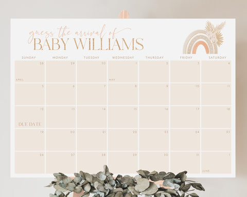 Baby Shower Due Date Calendar, Boho Baby Birth Date Sign, Rainbow Guess the Arrival Date Sign, Due Date Sign, Editable Printable Baby Signs