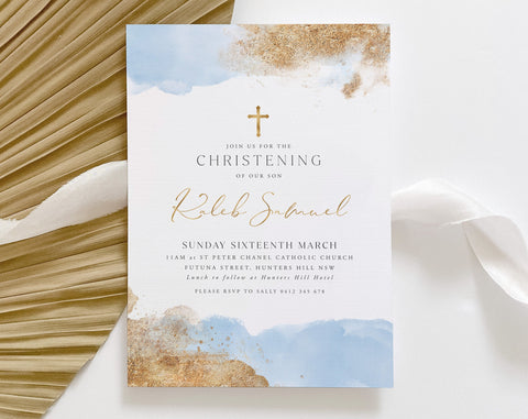 Christening Invitation Boy, Baptism Invitation Template, Blue Watercolour, Gold Christening Invite, Printable Christening, Baptismal