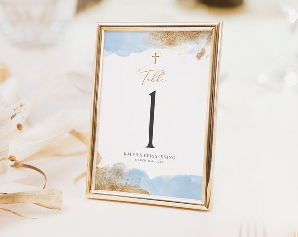 Table Numbers, Christening Table Numbers, Blue Gold Table Numbers, Baptism Table Number Template, Printable Table Numbers, Editable Baptism