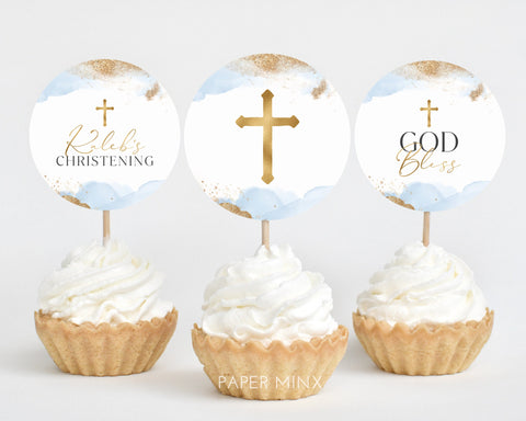 Baptism Cupcake Toppers, Christening Cupcake Toppers, Printable Blue and Gold Cupcake Topper, Editable Cupcake, Baptism Decor, Boys Baptism