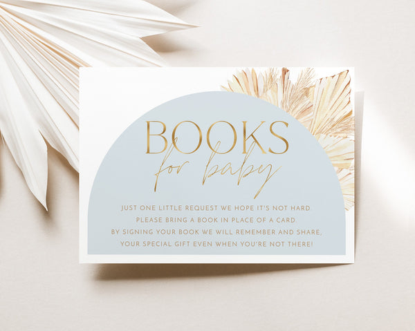 Blue Books For Baby Card Printable, Book Request Card, Boho Boy Baby Shower Book For Baby, Dried Palms Invitation, Arch Blue Boy Baby Shower
