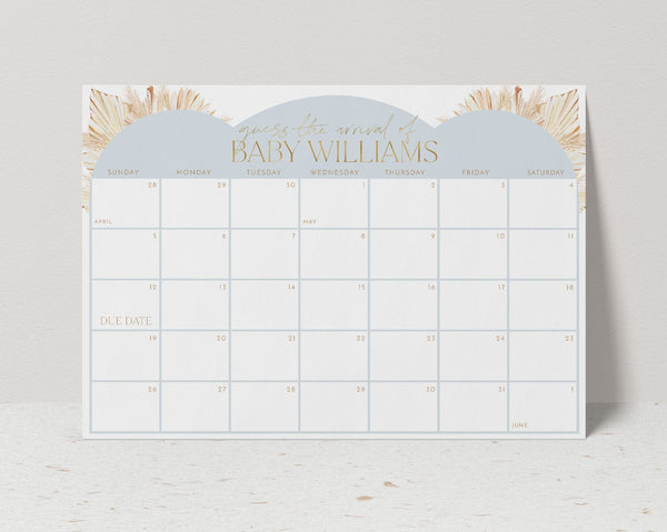 Blue Baby Shower Due Date Calendar, Boho Baby Birth Date Sign, Guess the Arrival Date Sign, Due Date Sign, Boho Boy Editable Printable Signs