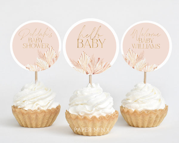 Pink Boho Cupcake Toppers, Girl Baby Shower Cupcake Topper, Printable Palms Baby Shower Cupcake Topper, Editable Cupcake Dried Flower Baby