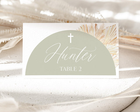 Sage Green Christening Place Card Template, Printable Place Cards, Baptism Place Cards, Boho Baptism Place Cards, Sage Green Escort Cards