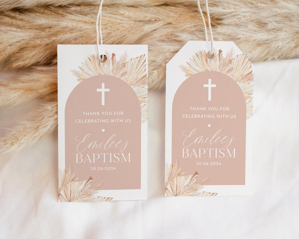 Pink Girls Baptism Favour Tags, Editable Tags, Christening Favor Tags, Boho Favour Tags, Pink Thank You Tag, Baptism Gift Tags Rectangle