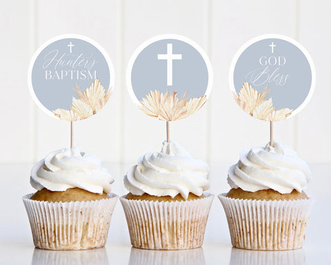 Blue Boys Baptism Cupcake Toppers, Christening Cupcake Toppers, Printable Cupcake Topper, Editable Cupcake, Blue Boho Baptism Decor Boys