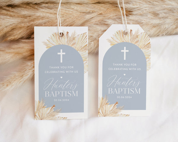 Blue Boys Baptism Favour Tags, Editable Tags, Christening Favor Tags, Boho Favour Tags, Blue Thank You Tag, Baptism Gift Tags Rectangle Tag