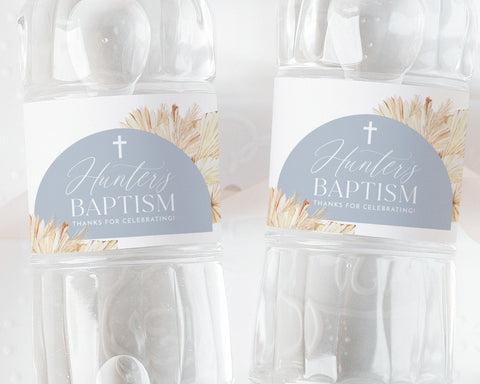 Blue Boys Baptism Water Bottle Label, Christening Water Label, Printable Water Bottle Label, Boho Baptism Water Label Stickers, Blue Boho